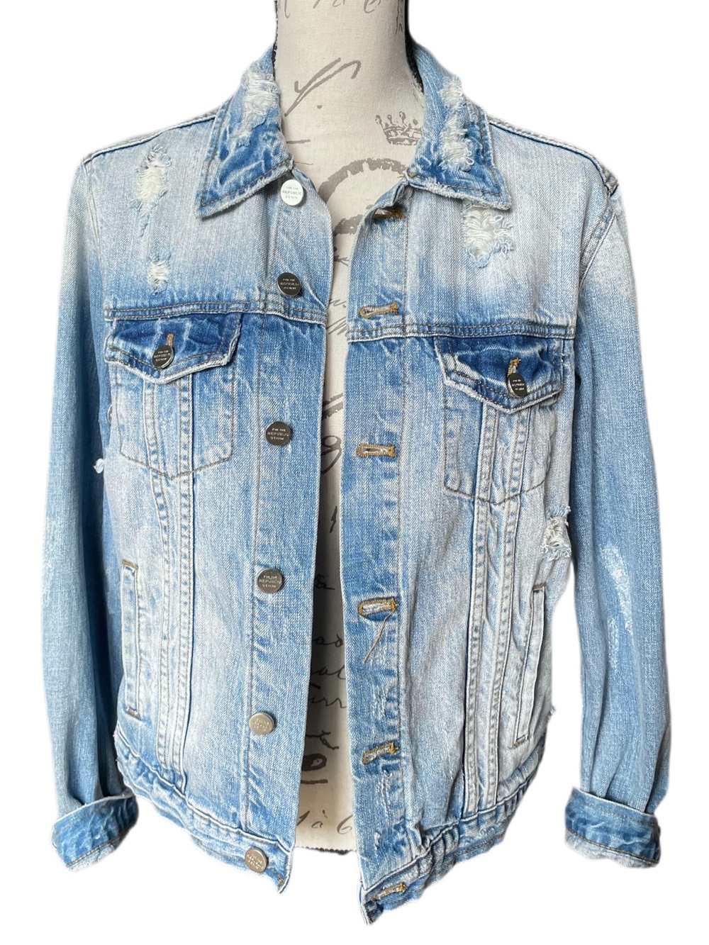 For The Republic Light Wash Distressed Denim Jacket Buddha Embellishment - M